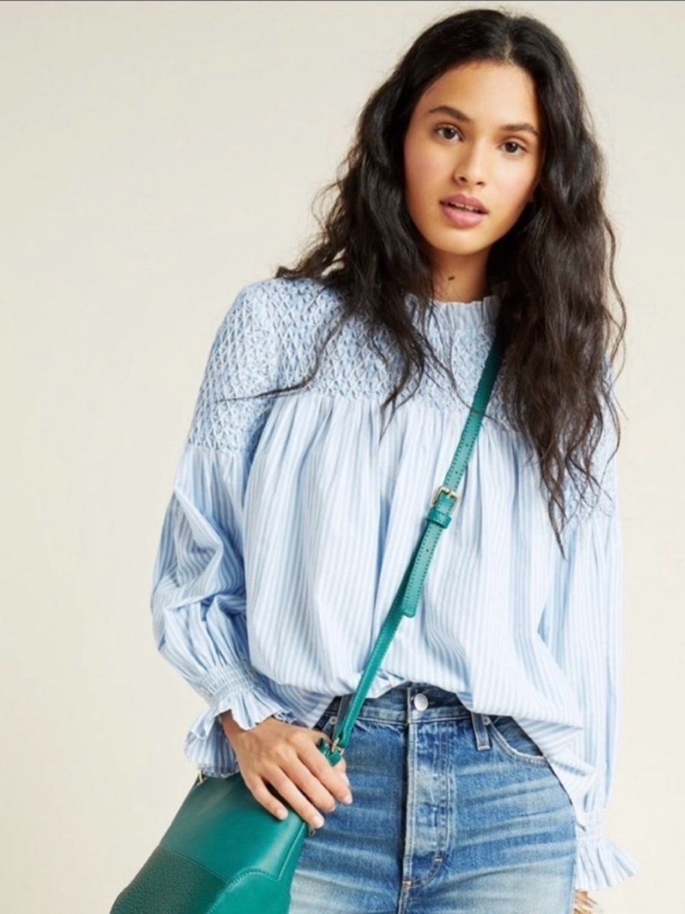 Maeve by Anthropologie - Light Blue Smocked Yoke Women’s Blouse